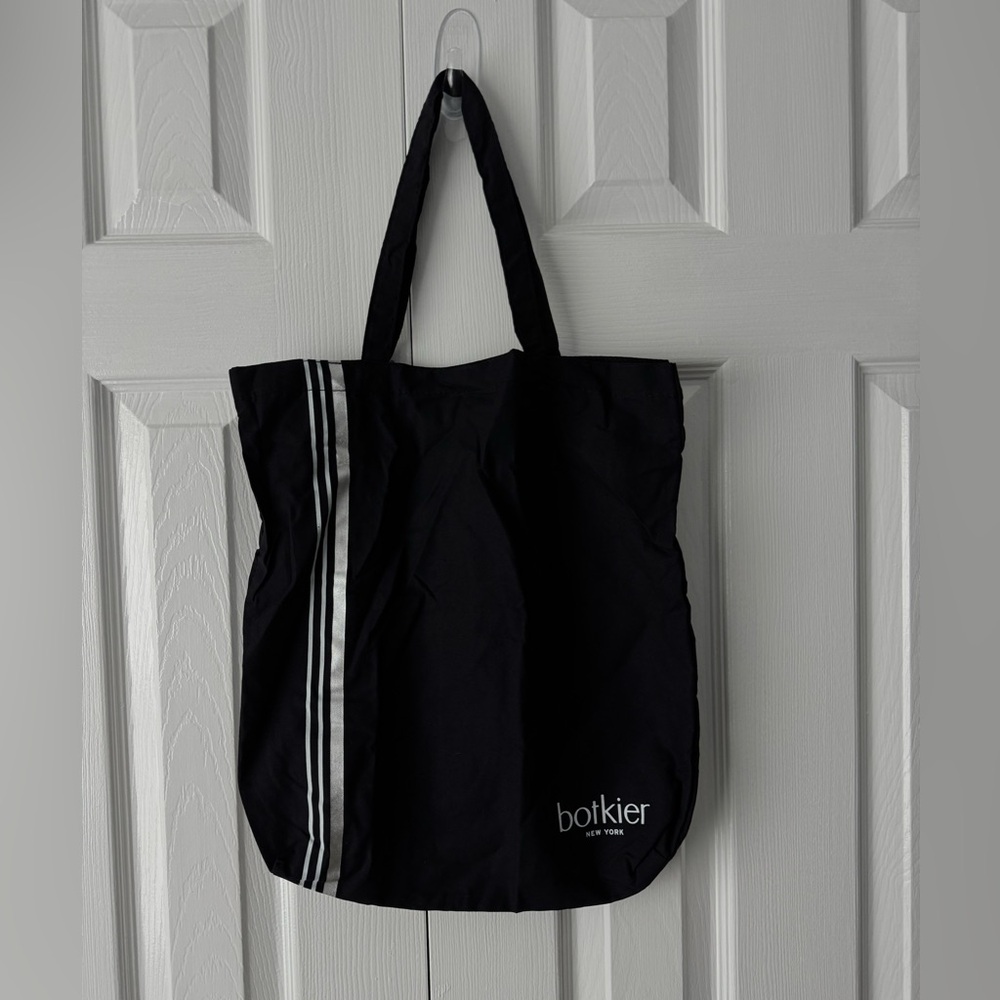 Botkier New York Black Canvas Tote Bag Silver Vertical Stripe & Logo